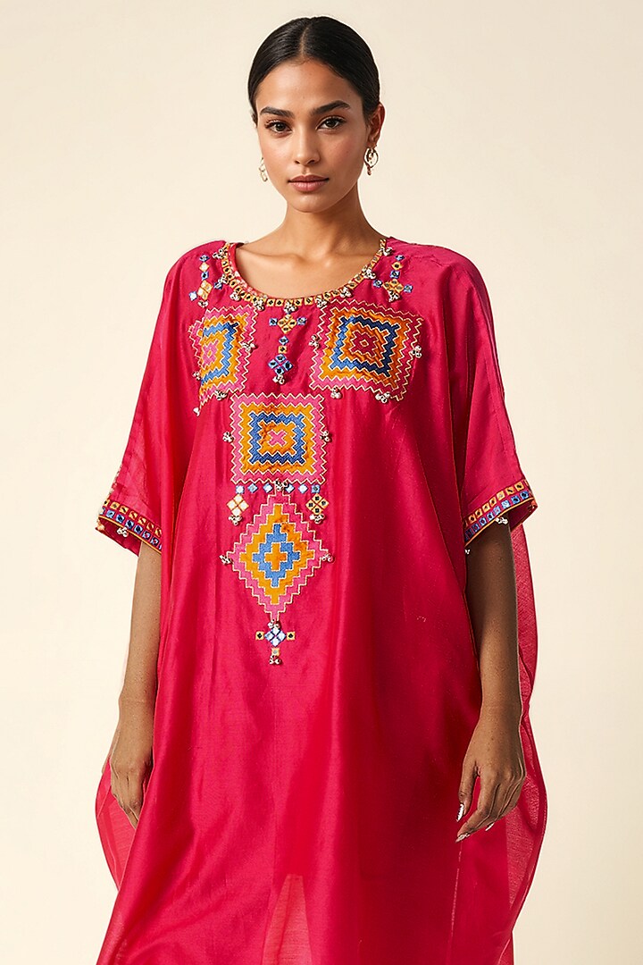 Pink Chanderi Ikat Applique Kaftan by Gulabo By Abu Sandeep at Pernia's Pop Up Shop
