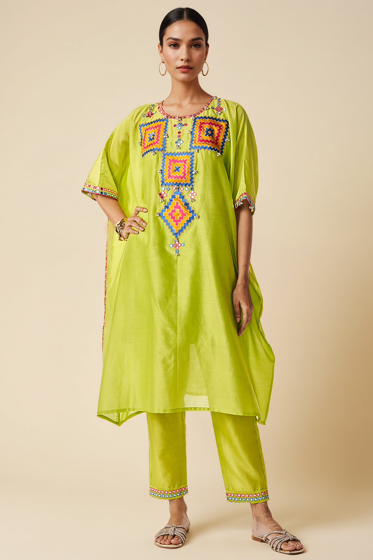Lime Green Chanderi Ikat Applique Kaftan by Gulabo By Abu Sandeep at Pernia's Pop Up Shop