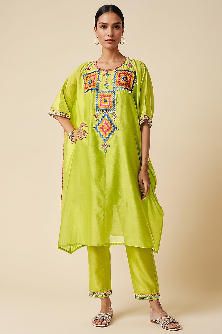 Lime Green Chanderi Ikat Applique Kaftan by Gulabo By Abu Sandeep at Pernia's Pop Up Shop