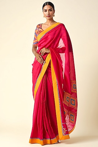 Pink Chanderi Ikat Applique Saree by Gulabo By Abu Sandeep