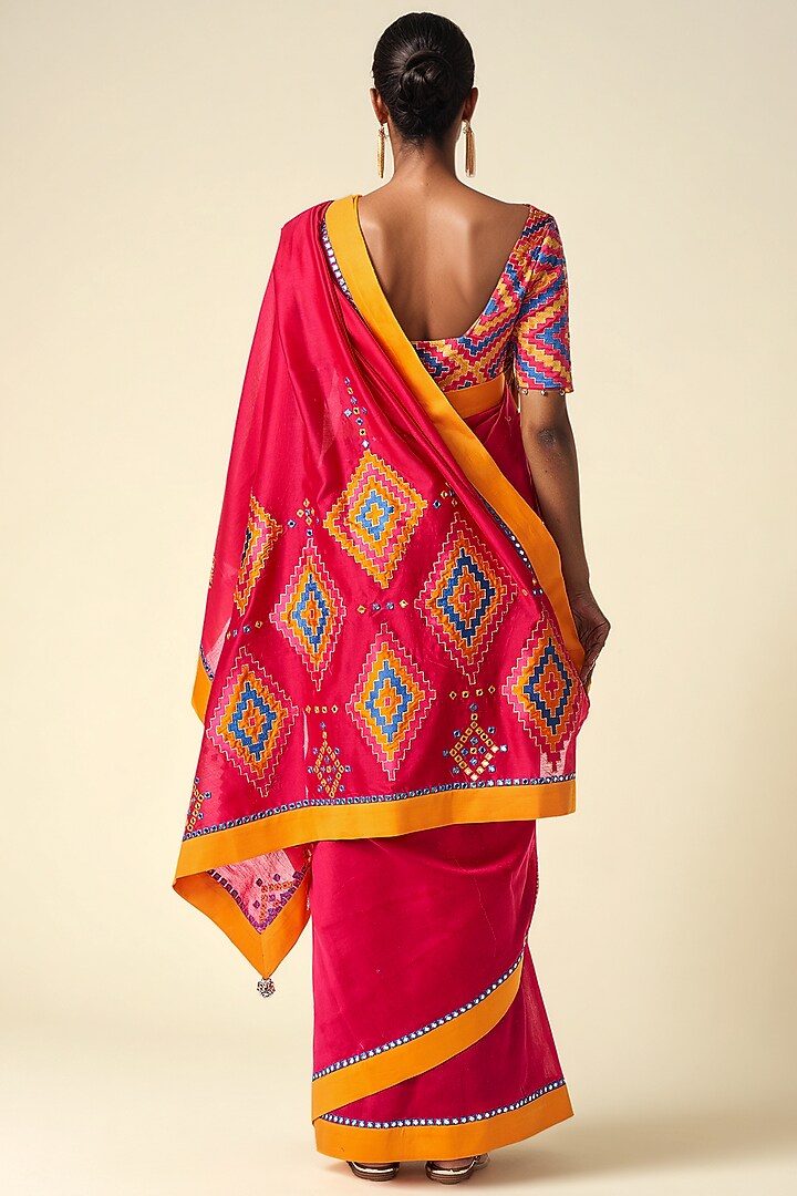 Pink Chanderi Ikat Applique Party Wear Saree by Gulabo By Abu Sandeep at Pernia's Pop Up Shop