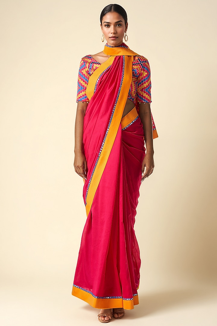 Pink Chanderi Ikat Applique Party Wear Saree by Gulabo By Abu Sandeep at Pernia's Pop Up Shop