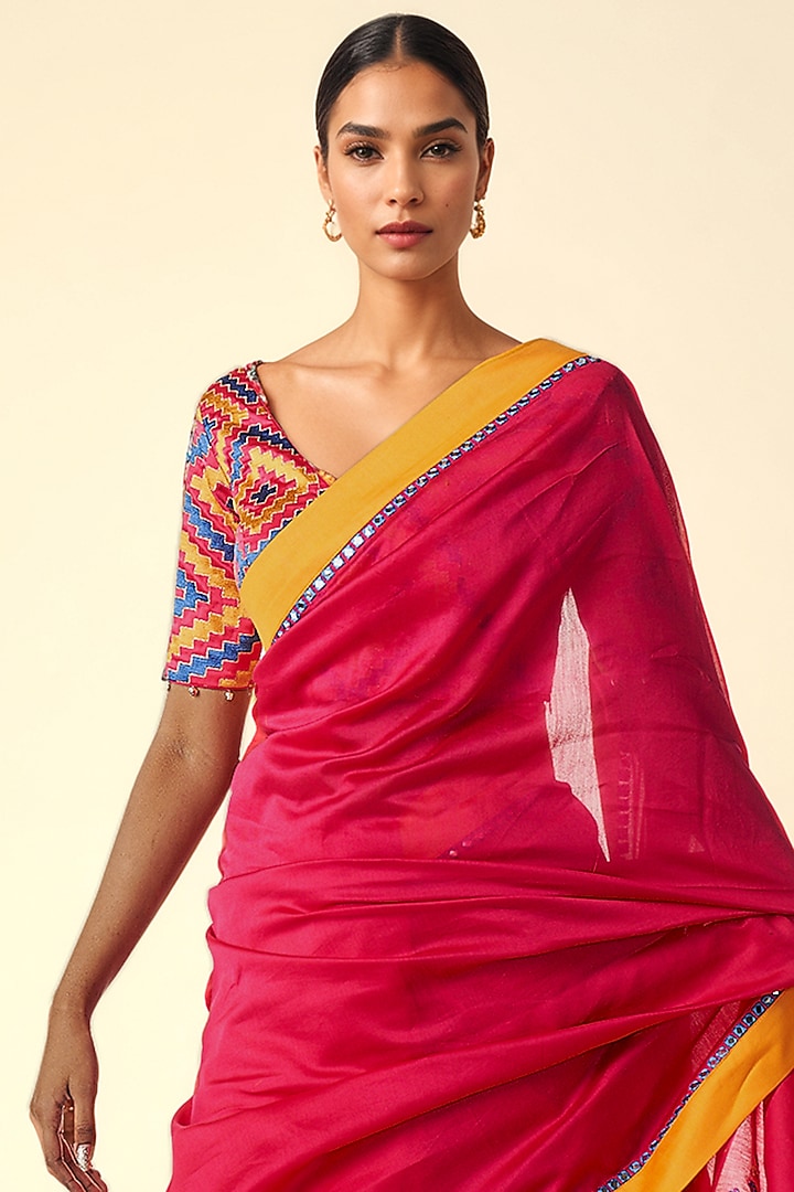 Pink Chanderi Ikat Applique Party Wear Saree by Gulabo By Abu Sandeep at Pernia's Pop Up Shop