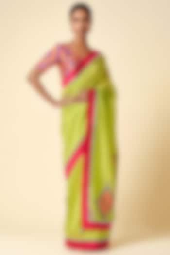 Lime Green Chanderi Ikat Applique Party Wear Saree by Gulabo By Abu Sandeep at Pernia's Pop Up Shop
