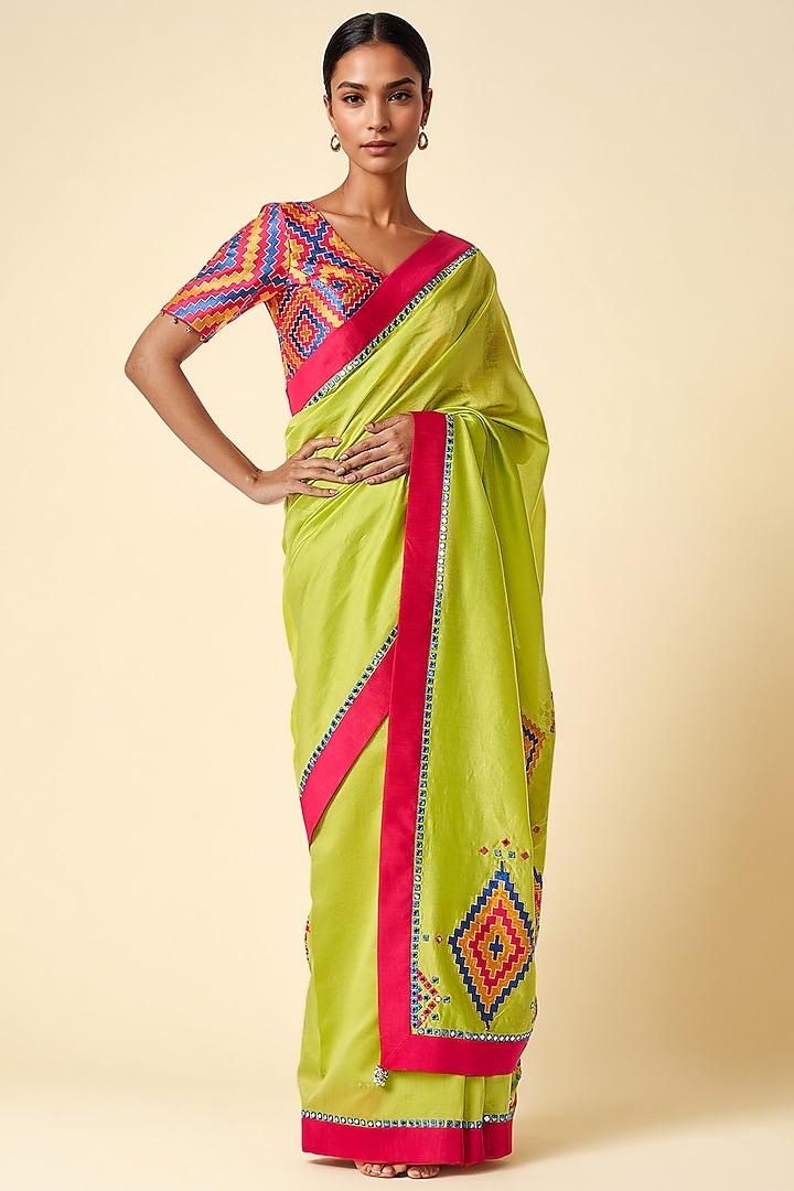 Lime Green Chanderi Ikat Applique Party Wear Saree by Gulabo By Abu Sandeep at Pernia's Pop Up Shop