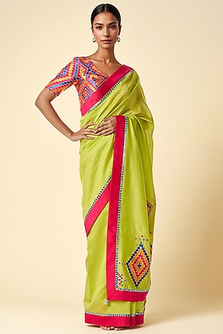 Lime Green Chanderi Ikat Applique Saree by Gulabo By Abu Sandeep