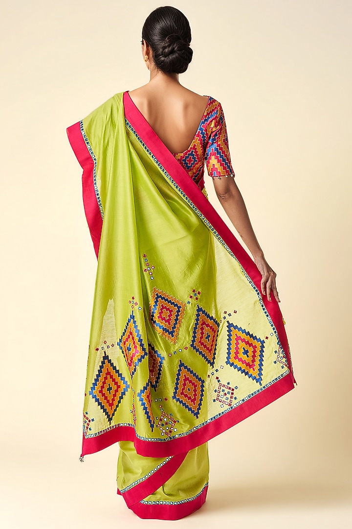 Lime Green Chanderi Ikat Applique Party Wear Saree by Gulabo By Abu Sandeep at Pernia's Pop Up Shop