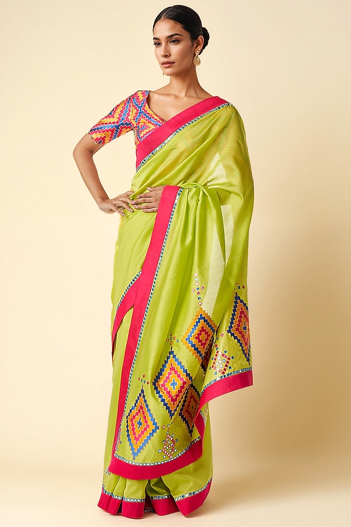 Lime Green Chanderi Ikat Applique Party Wear Saree by Gulabo By Abu Sandeep at Pernia's Pop Up Shop