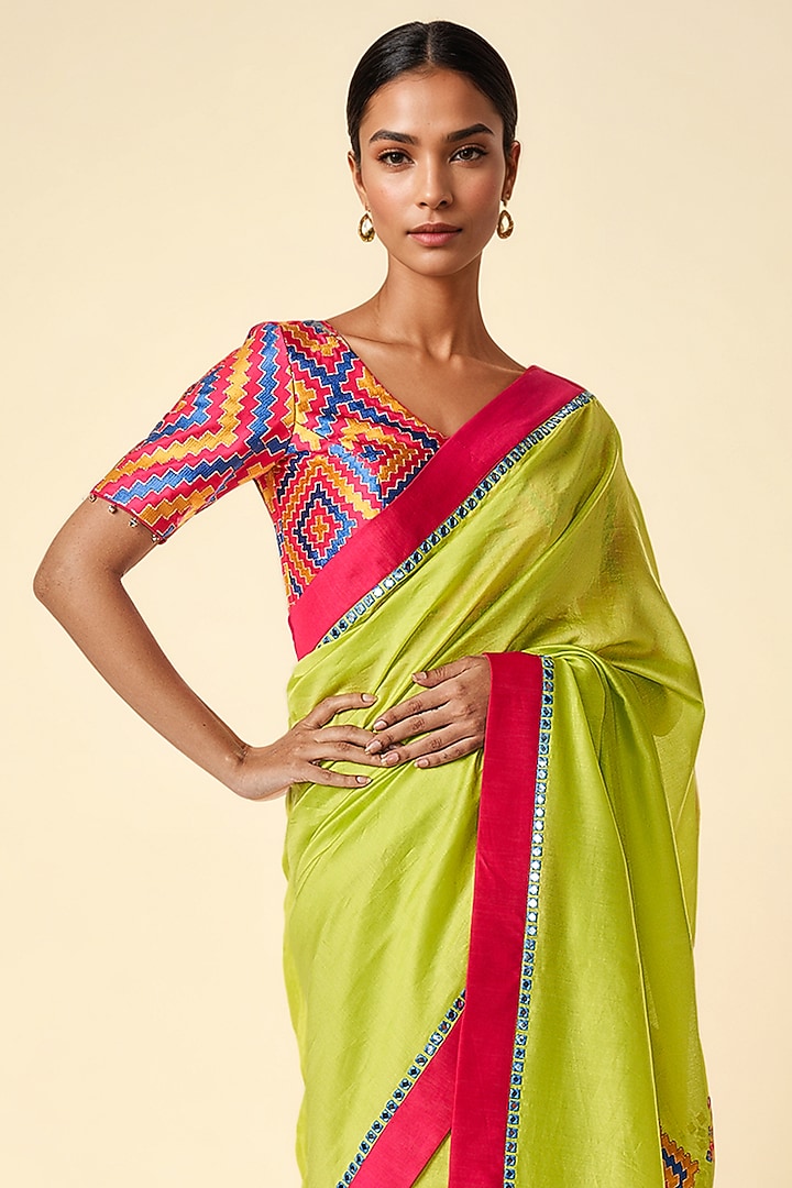 Lime Green Chanderi Ikat Applique Party Wear Saree by Gulabo By Abu Sandeep at Pernia's Pop Up Shop