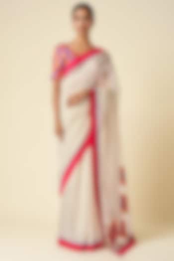 Off-White Chanderi Ikat Applique Party Wear Saree by Gulabo By Abu Sandeep at Pernia's Pop Up Shop