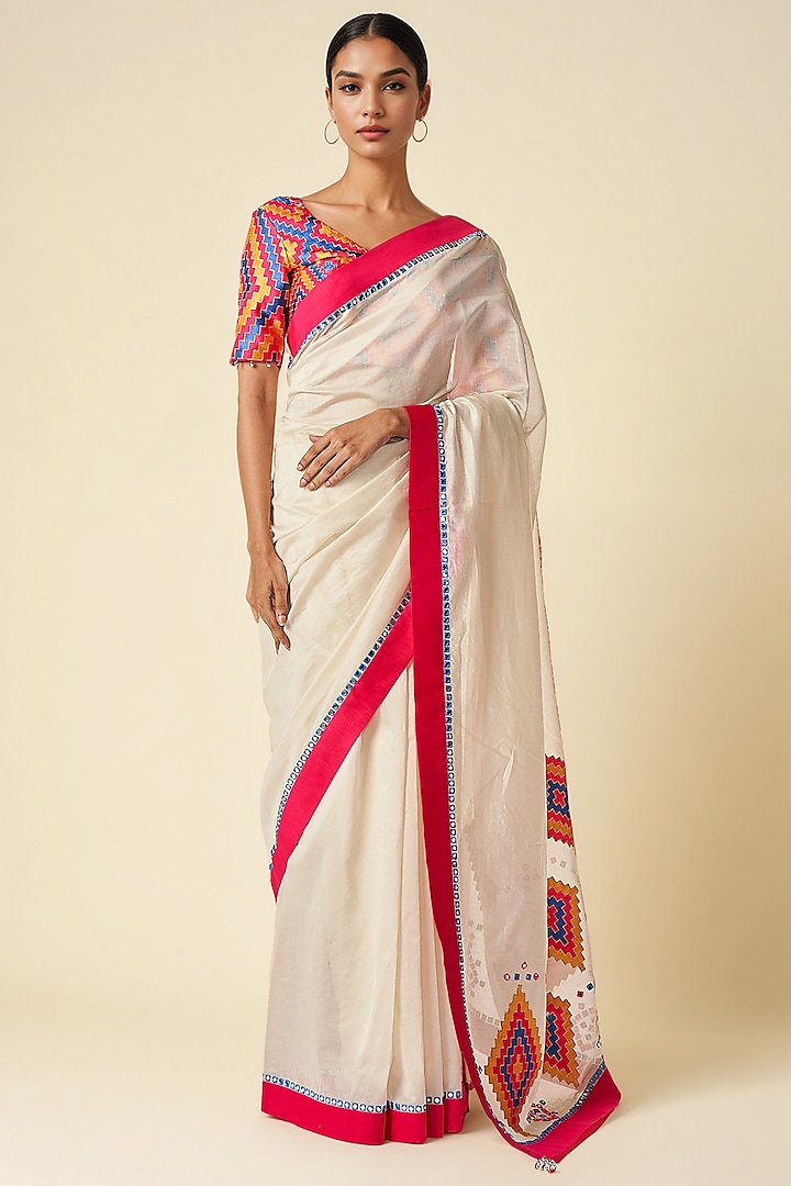 Off-White Chanderi Ikat Applique Party Wear Saree by Gulabo By Abu Sandeep at Pernia's Pop Up Shop