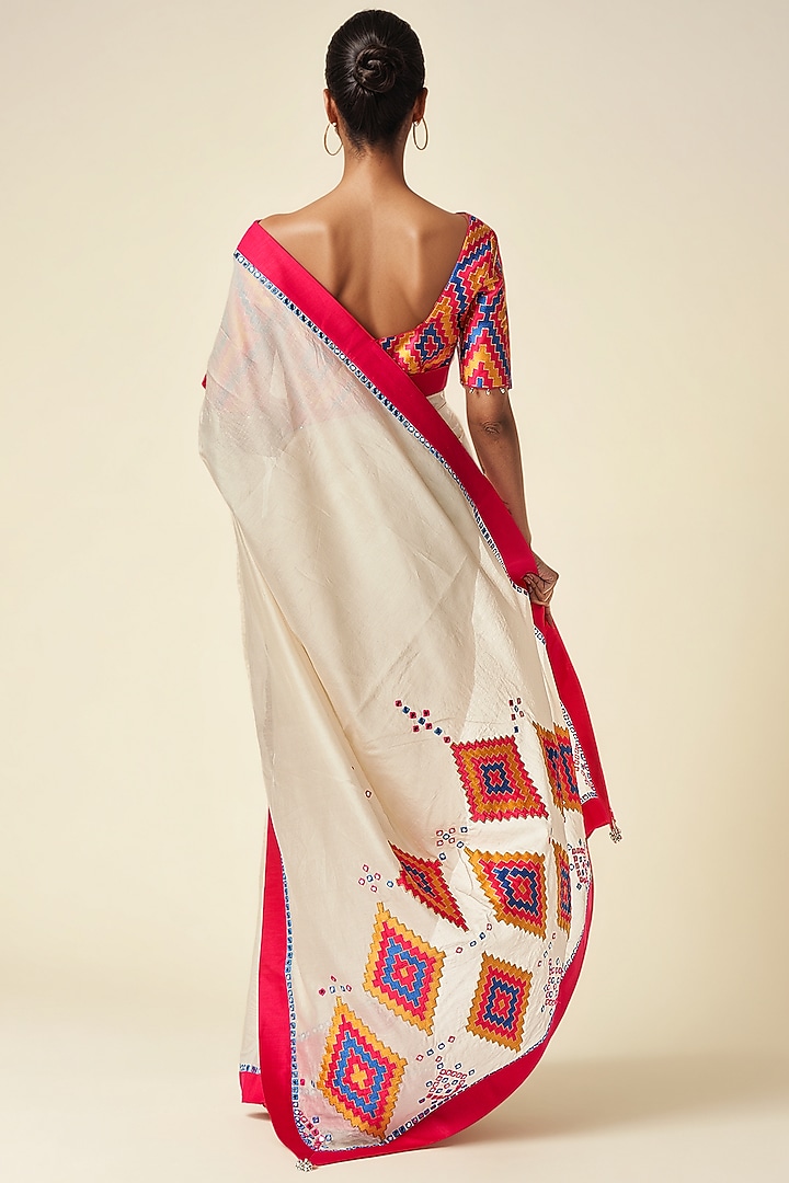 Off-White Chanderi Ikat Applique Party Wear Saree by Gulabo By Abu Sandeep at Pernia's Pop Up Shop