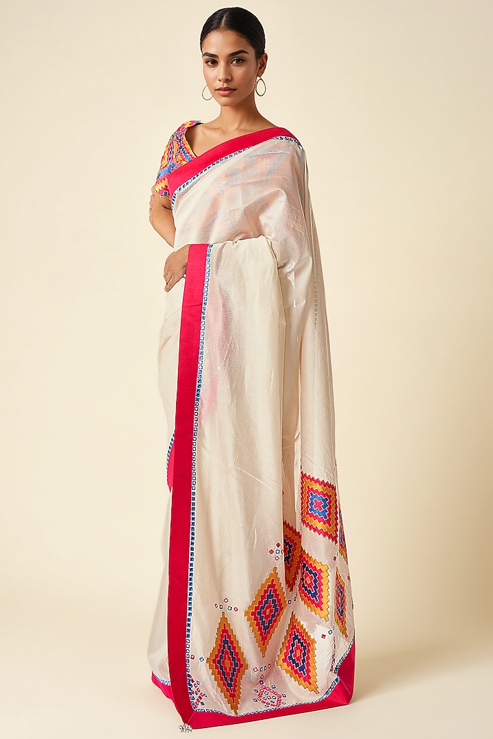 Off-White Chanderi Ikat Applique Party Wear Saree by Gulabo By Abu Sandeep at Pernia's Pop Up Shop