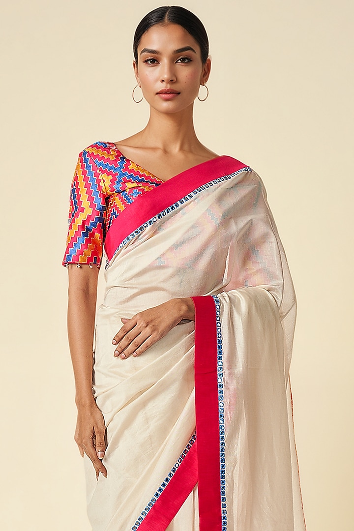 Off-White Chanderi Ikat Applique Party Wear Saree by Gulabo By Abu Sandeep at Pernia's Pop Up Shop