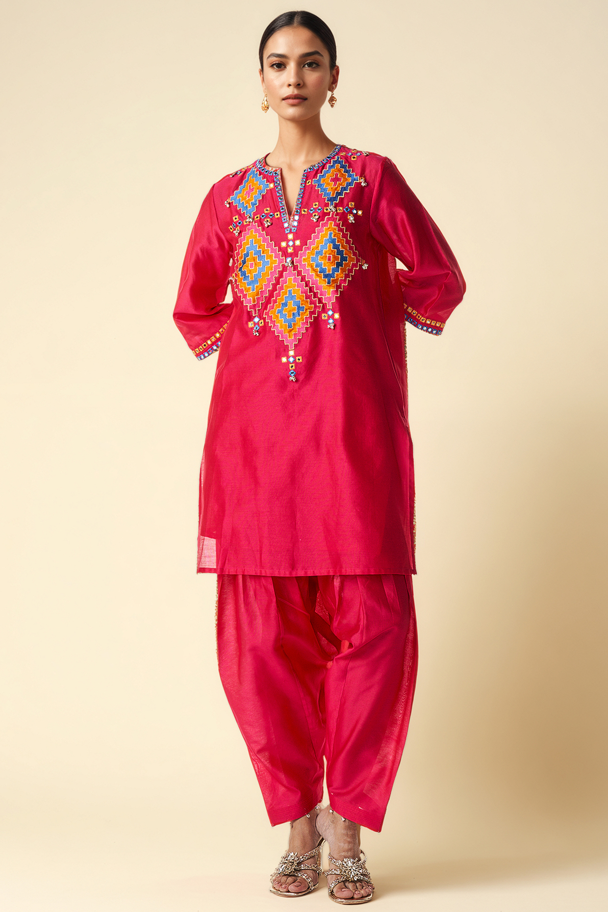 Pink Chanderi Ikat Motif Short Kurta by Gulabo By Abu Sandeep at Pernia's Pop Up Shop