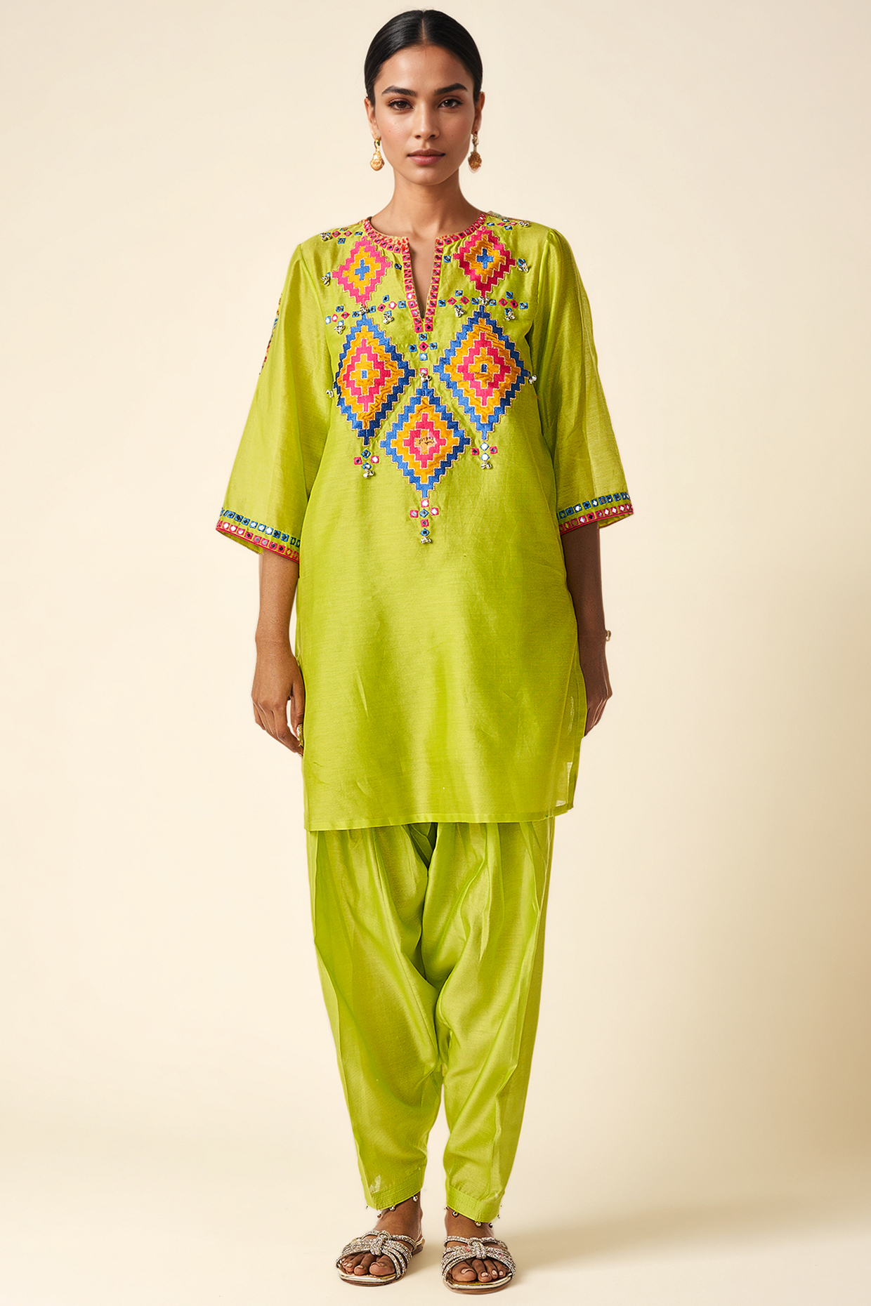 Lime Green Chanderi Ikat Motif Short Kurta by Gulabo By Abu Sandeep at Pernia's Pop Up Shop