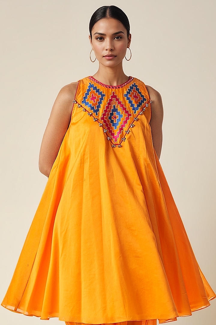 Mango Chanderi Ikat Applique Sleeveless Kurta by Gulabo By Abu Sandeep at Pernia's Pop Up Shop