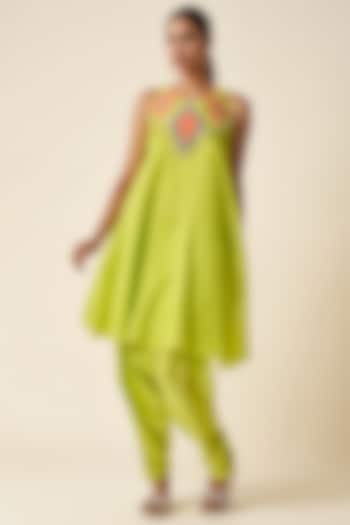 Lime Green Chanderi Ikat Applique Sleeveless Kurta by Gulabo By Abu Sandeep at Pernia's Pop Up Shop