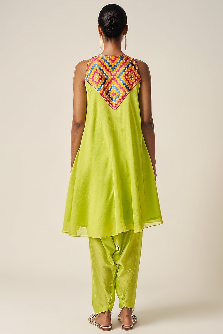 Lime Green Chanderi Ikat Applique Sleeveless Kurta by Gulabo By Abu Sandeep at Pernia's Pop Up Shop