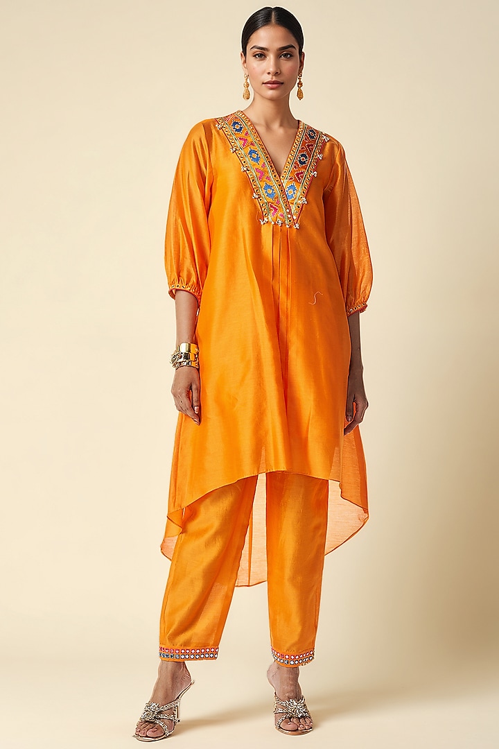 Mango Chanderi Ikat Applique & Mirror Work Kurta by Gulabo By Abu Sandeep at Pernia's Pop Up Shop