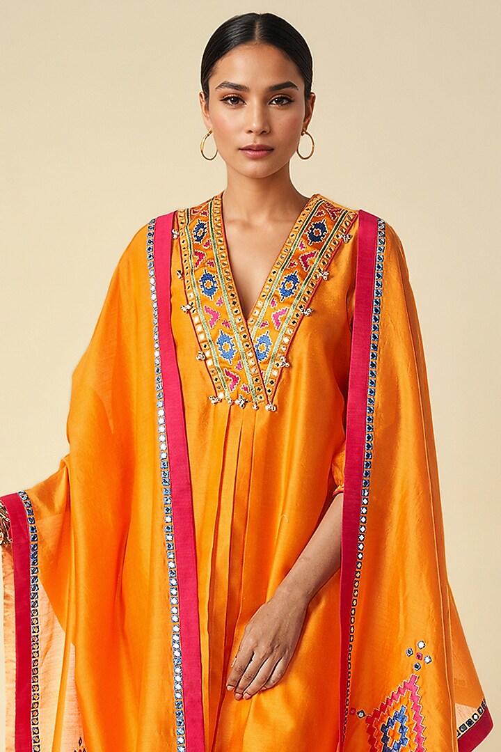 Mango Chanderi Ikat Applique & Mirror Work Kurta by Gulabo By Abu Sandeep at Pernia's Pop Up Shop