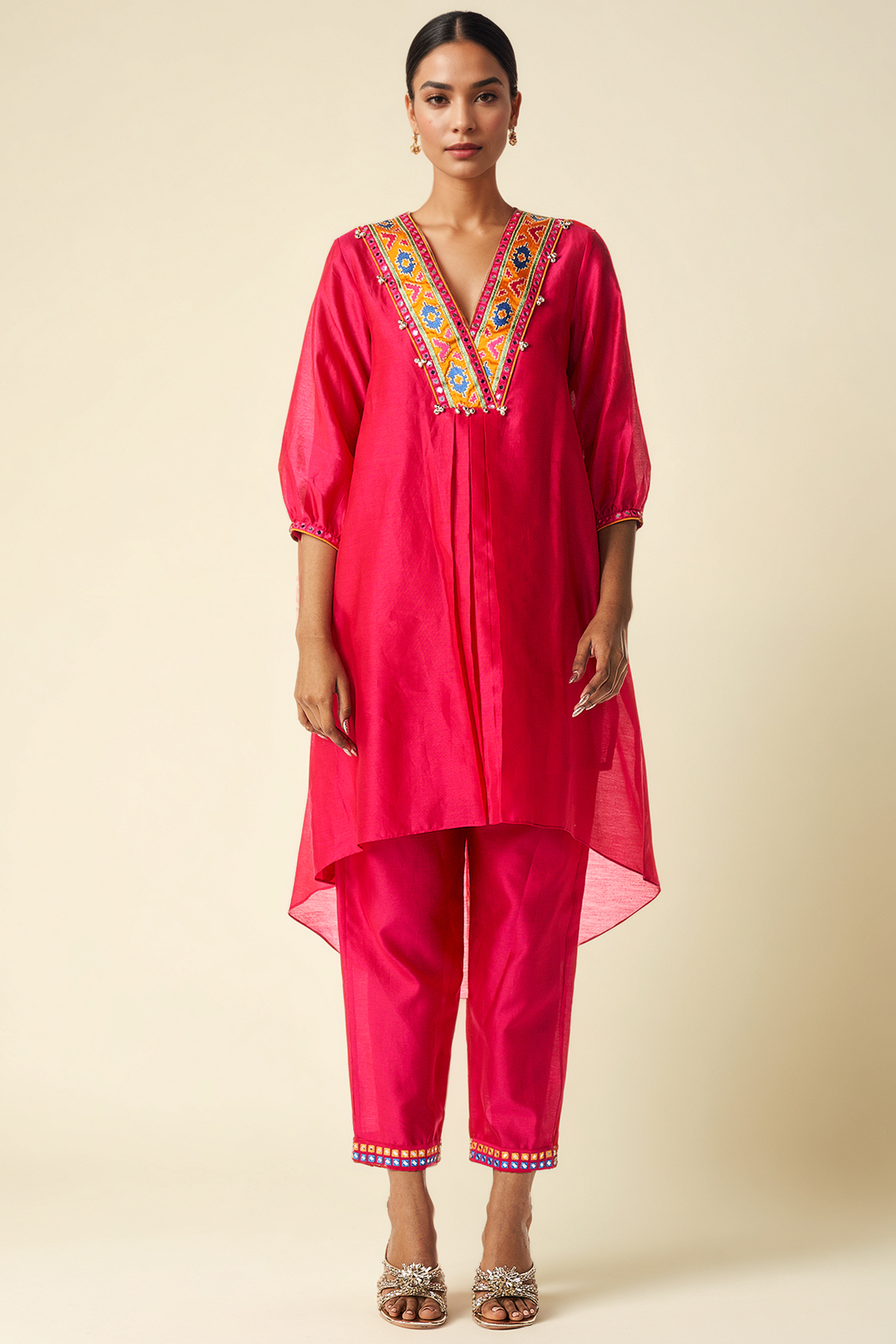 Pink Chanderi Ikat Applique & Mirror Work Kurta by Gulabo By Abu Sandeep at Pernia's Pop Up Shop