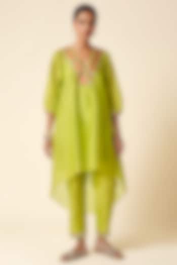 Lime Green Chanderi Ikat Applique & Mirror Work Kurta by Gulabo By Abu Sandeep at Pernia's Pop Up Shop