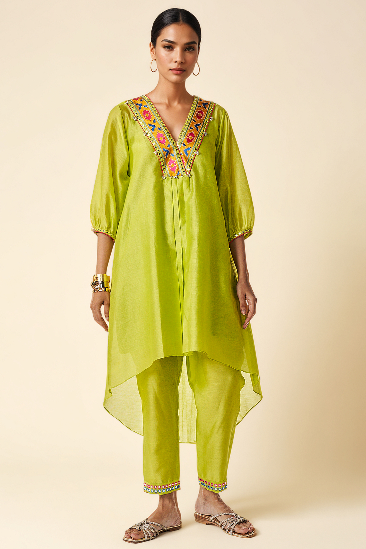 Lime Green Chanderi Ikat Applique & Mirror Work Kurta by Gulabo By Abu Sandeep at Pernia's Pop Up Shop
