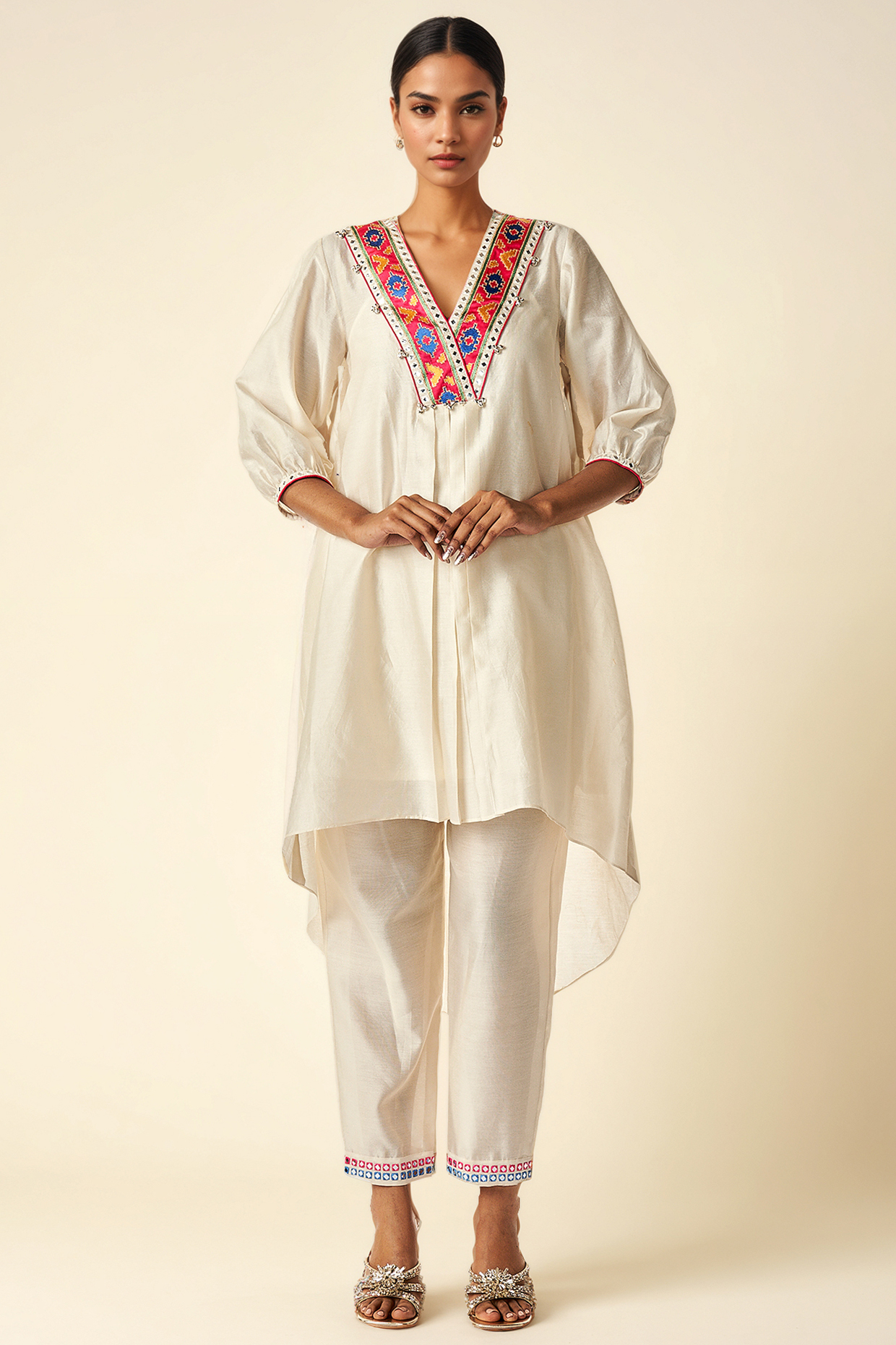 Off-White Chanderi Ikat Applique & Mirror Work Kurta by Gulabo By Abu Sandeep at Pernia's Pop Up Shop