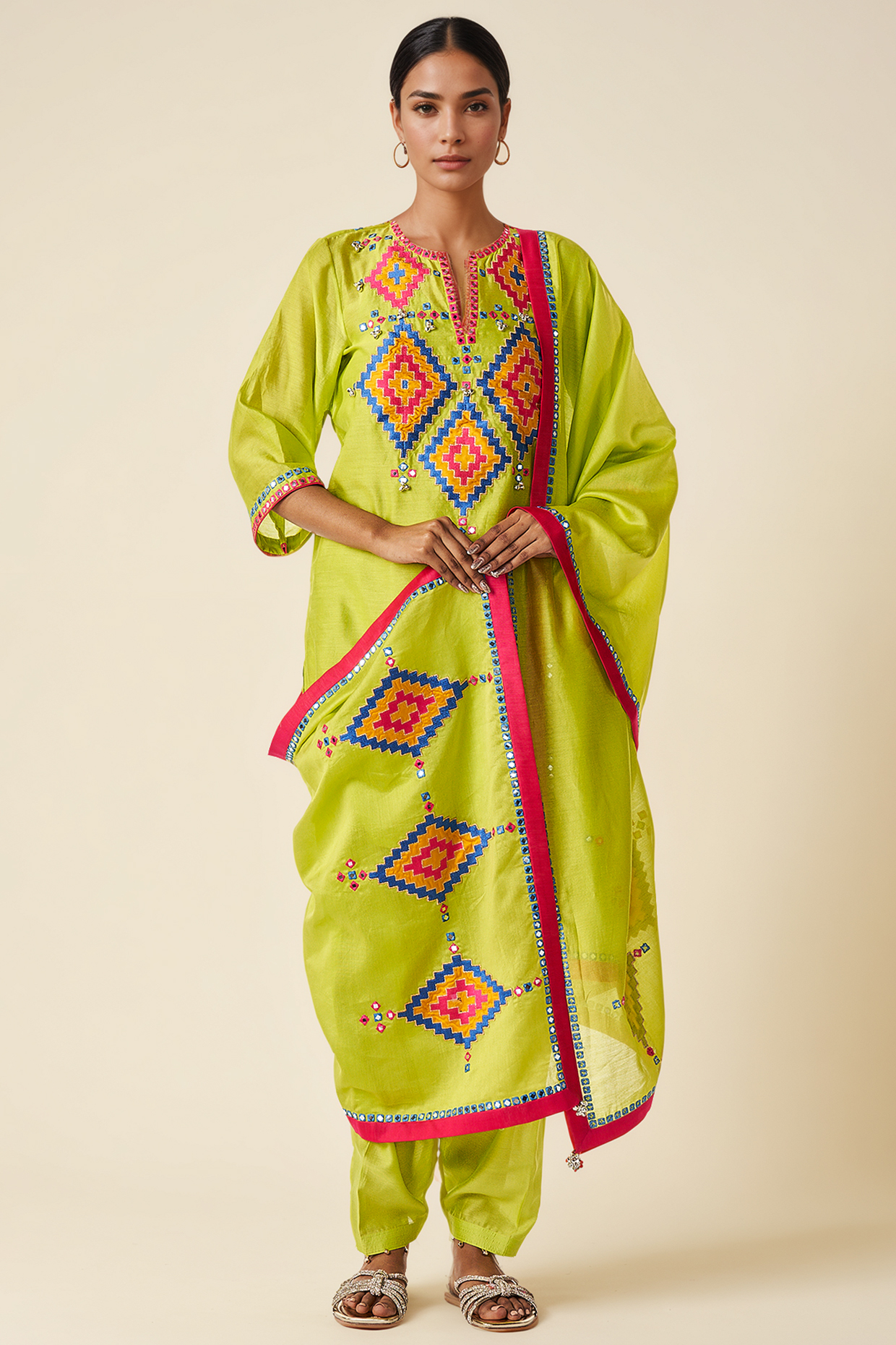 Lime Green Chanderi Ikat Applique Dupatta by Gulabo By Abu Sandeep at Pernia's Pop Up Shop