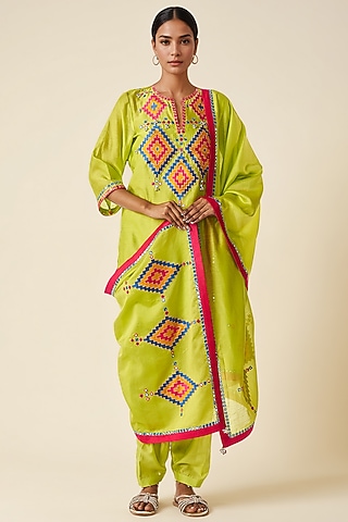 Lime Green Chanderi Ikat Applique Dupatta by Gulabo By Abu Sandeep