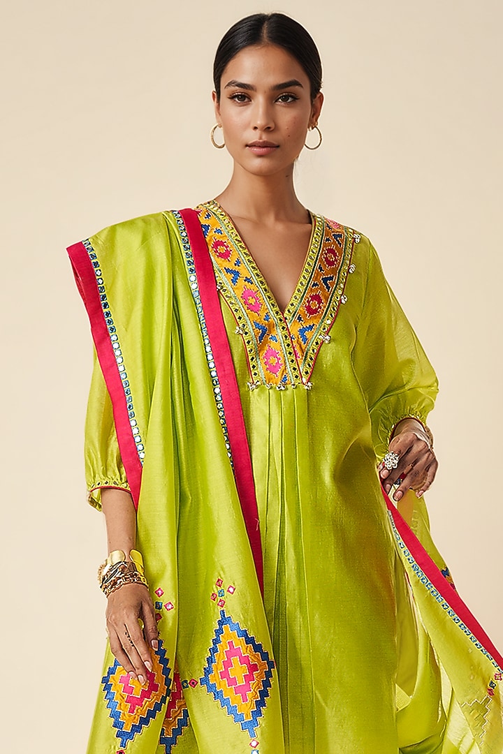Lime Green Chanderi Ikat Applique Dupatta by Gulabo By Abu Sandeep at Pernia's Pop Up Shop