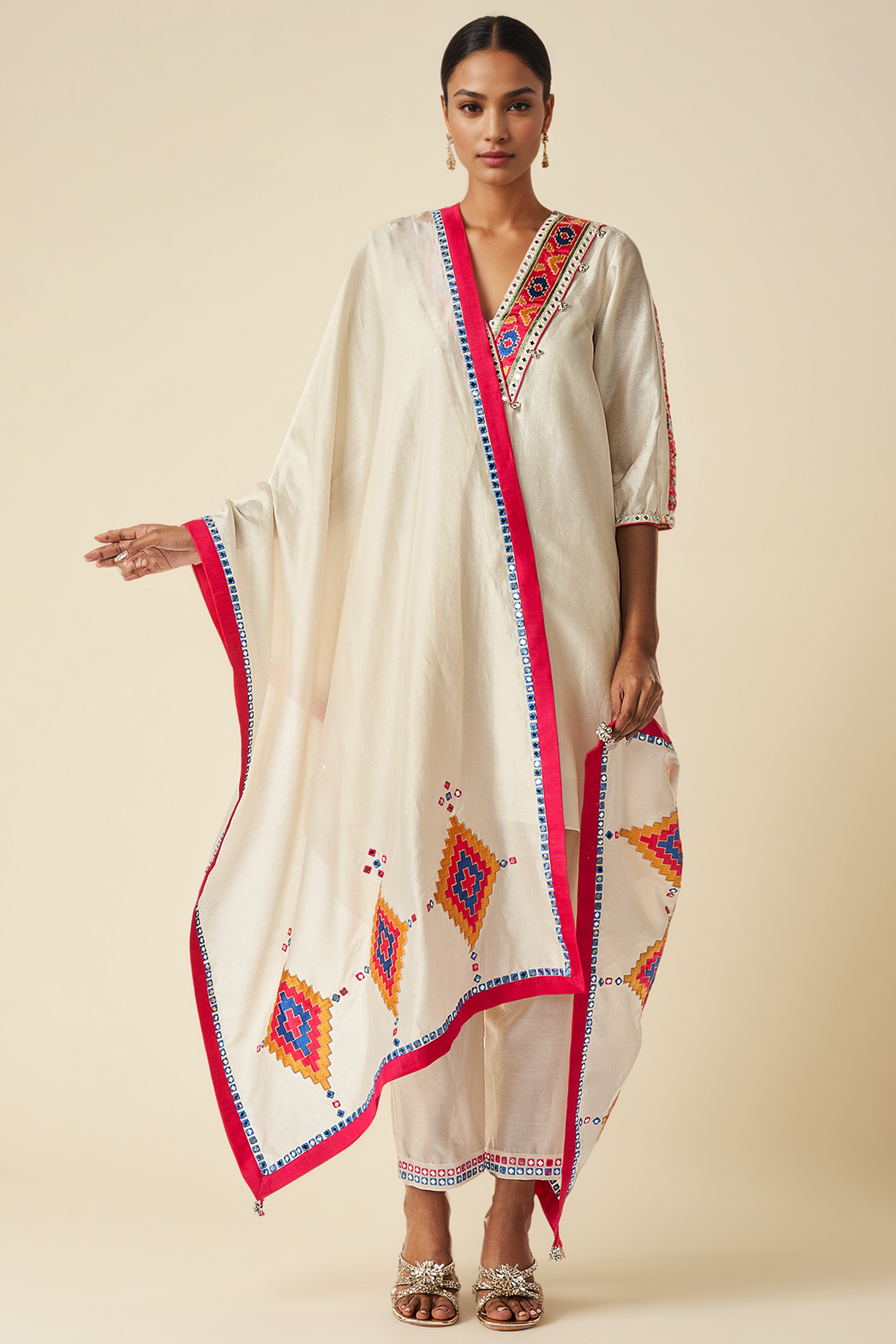 Off-White Chanderi Ikat Applique Dupatta by Gulabo By Abu Sandeep at Pernia's Pop Up Shop