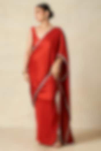 Red Modal Satin Draped Party Wear Saree by Gulabo By Abu Sandeep at Pernia's Pop Up Shop