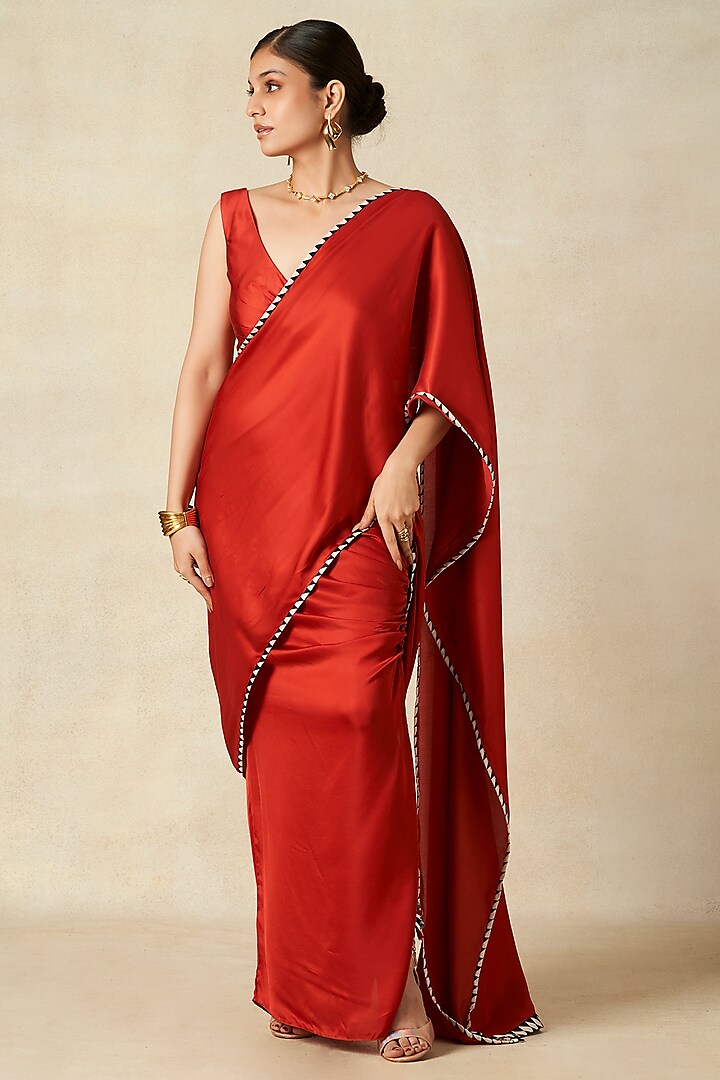 Red Modal Satin Draped Party Wear Saree by Gulabo By Abu Sandeep at Pernia's Pop Up Shop
