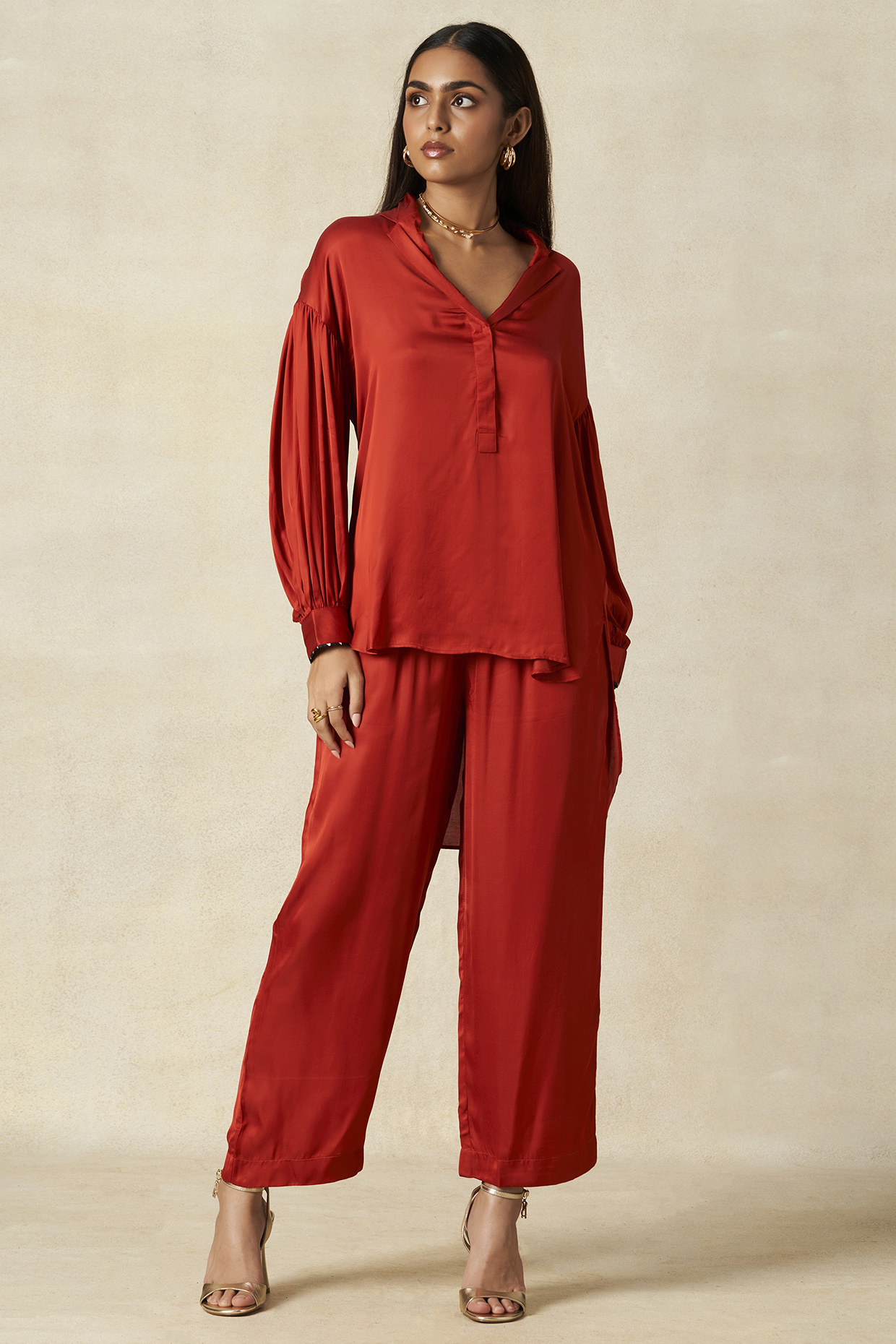 Red Modal Satin Co-Ord Set by Gulabo By Abu Sandeep at Pernia's Pop Up Shop