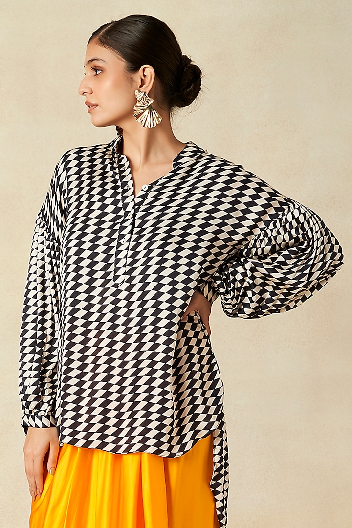 Black & White Modal Satin High-Low Shirt by Gulabo By Abu Sandeep at Pernia's Pop Up Shop