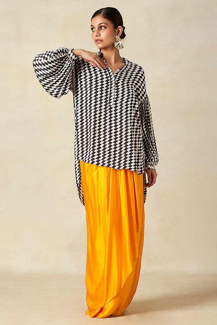 Black & White Modal Satin High-Low Shirt by Gulabo By Abu Sandeep at Pernia's Pop Up Shop