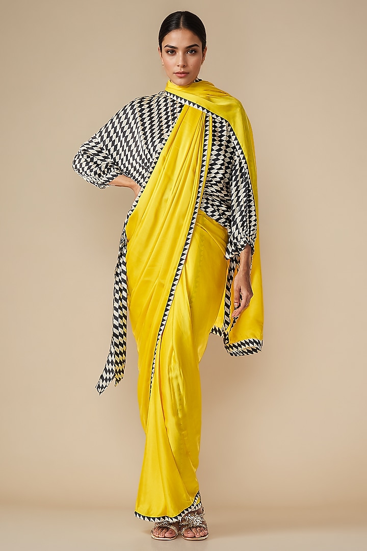 Yellow Modal Satin Pant Saree by Gulabo By Abu Sandeep at Pernia's Pop Up Shop