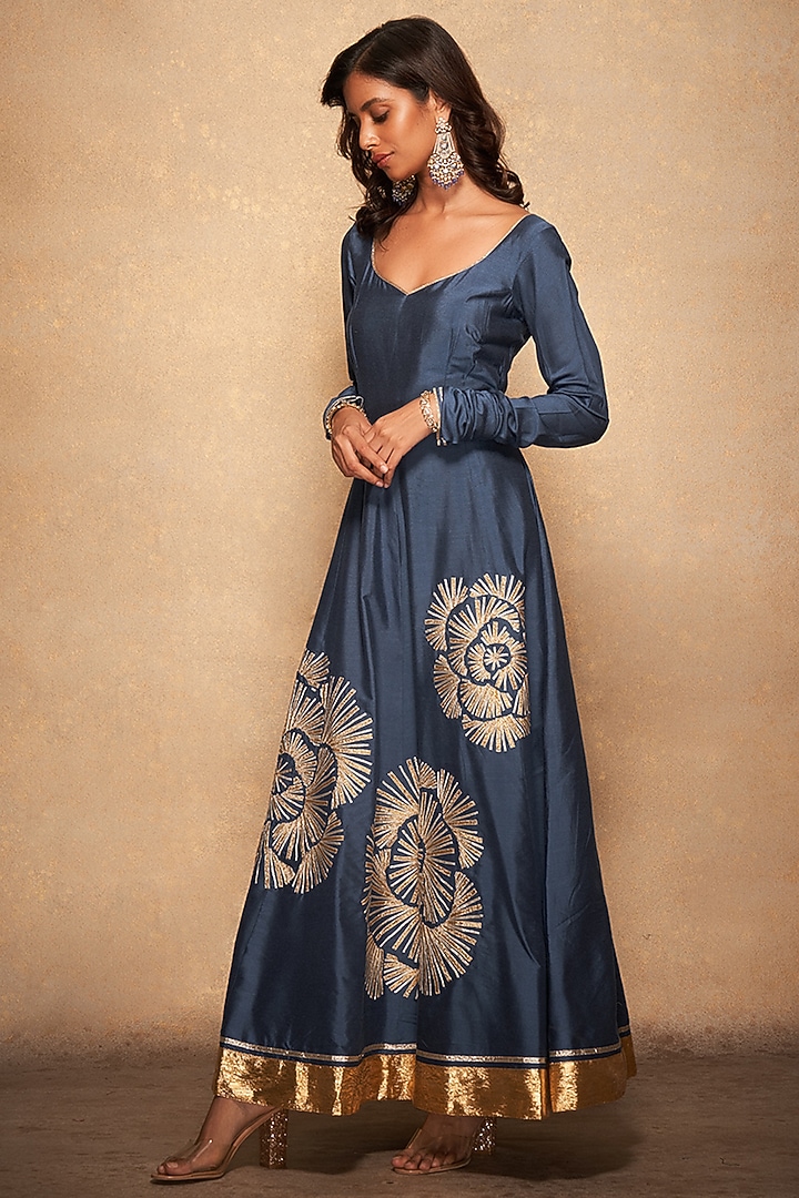 Blue Pure Chanderi Silk Embroidered Party Wear Anarkali by Gulabo By Abu Sandeep at Pernia's Pop Up Shop