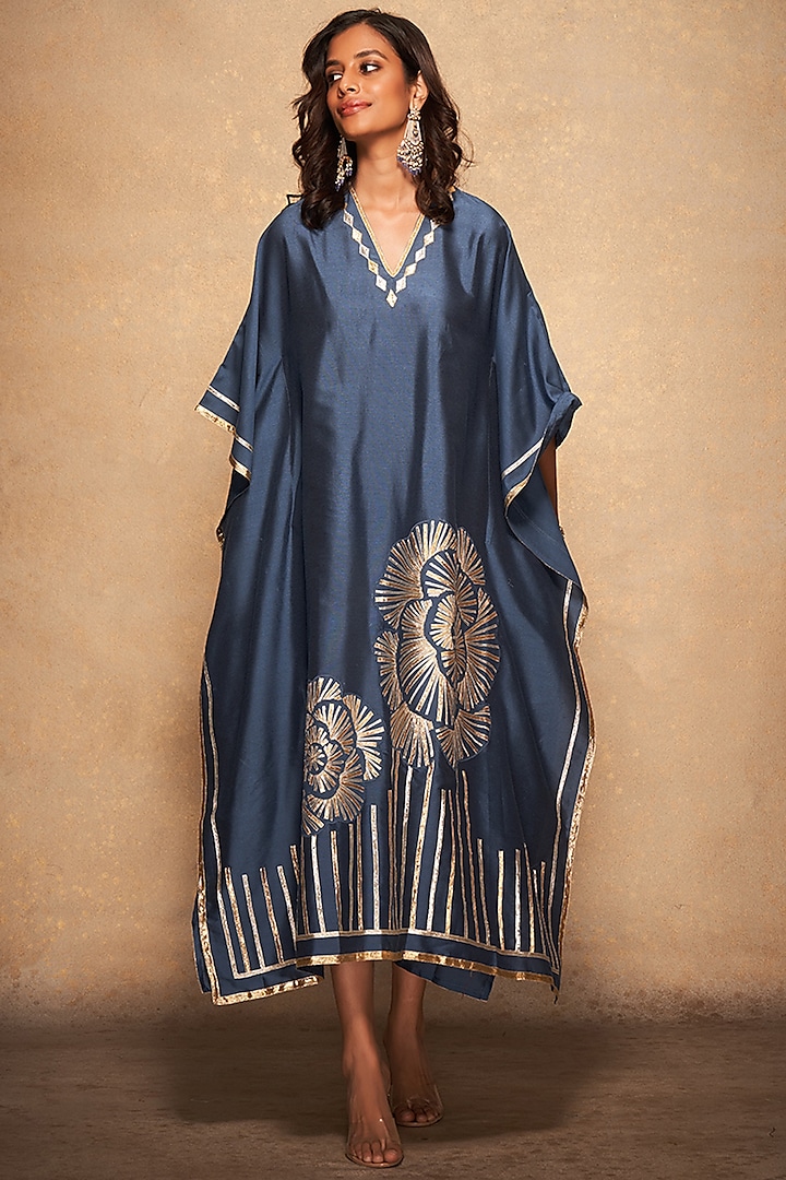 Blue Pure Chanderi Silk Embroidered Kaftan by Gulabo By Abu Sandeep at Pernia's Pop Up Shop