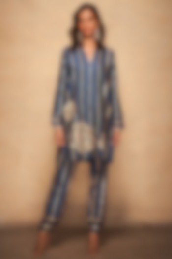 Blue Pure Chanderi Silk Embroidered Pencil Pants by Gulabo By Abu Sandeep at Pernia's Pop Up Shop