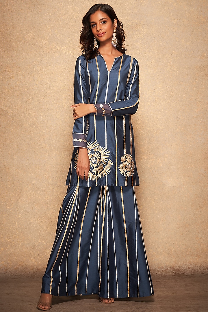 Blue Pure Chanderi Silk Embroidered Dart Pants by Gulabo By Abu Sandeep