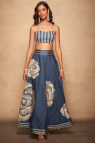 Blue Pure Chanderi Silk Embroidered Bralette by Gulabo By Abu Sandeep
