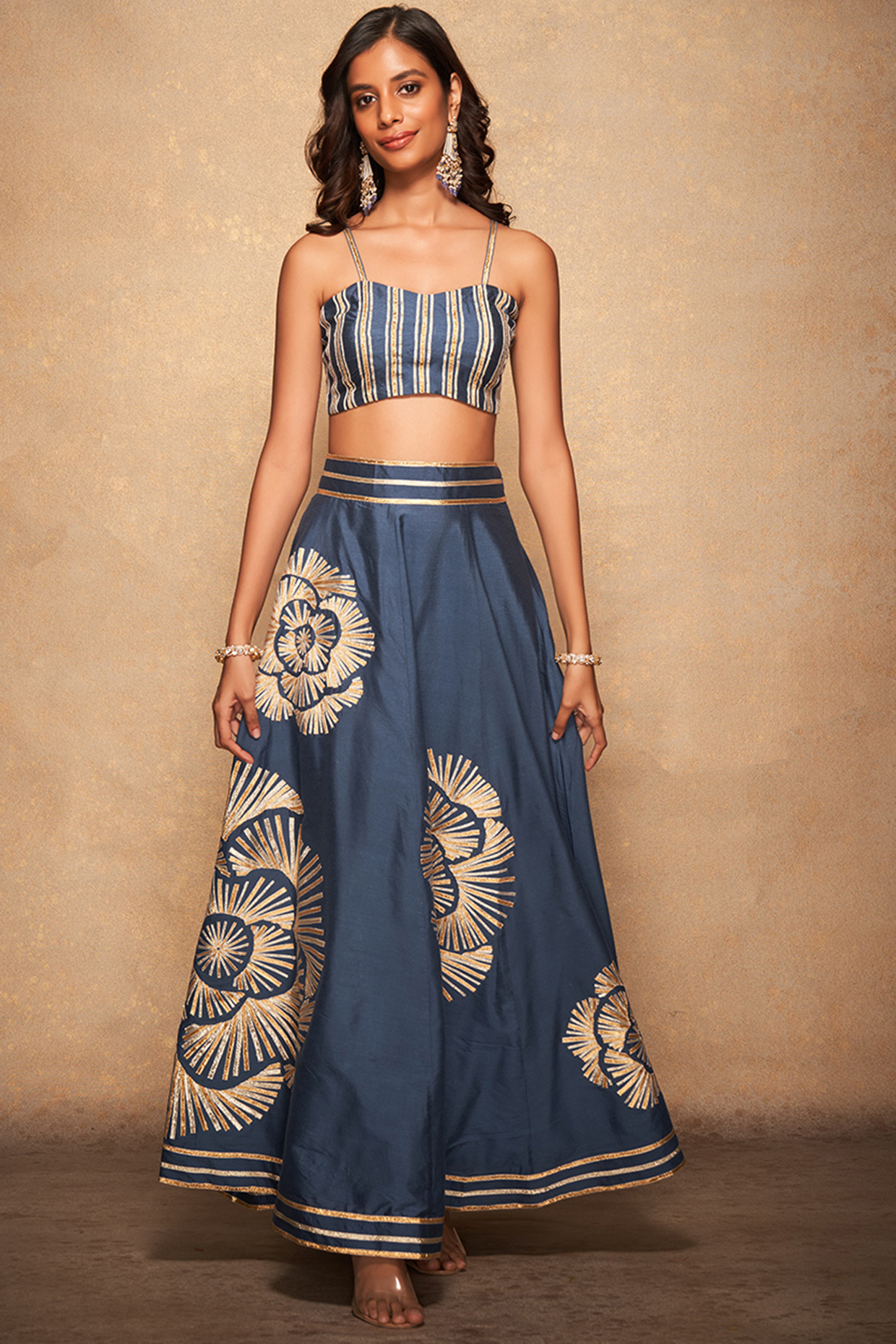 Blue Pure Chanderi Silk Embroidered Skirt by Gulabo By Abu Sandeep