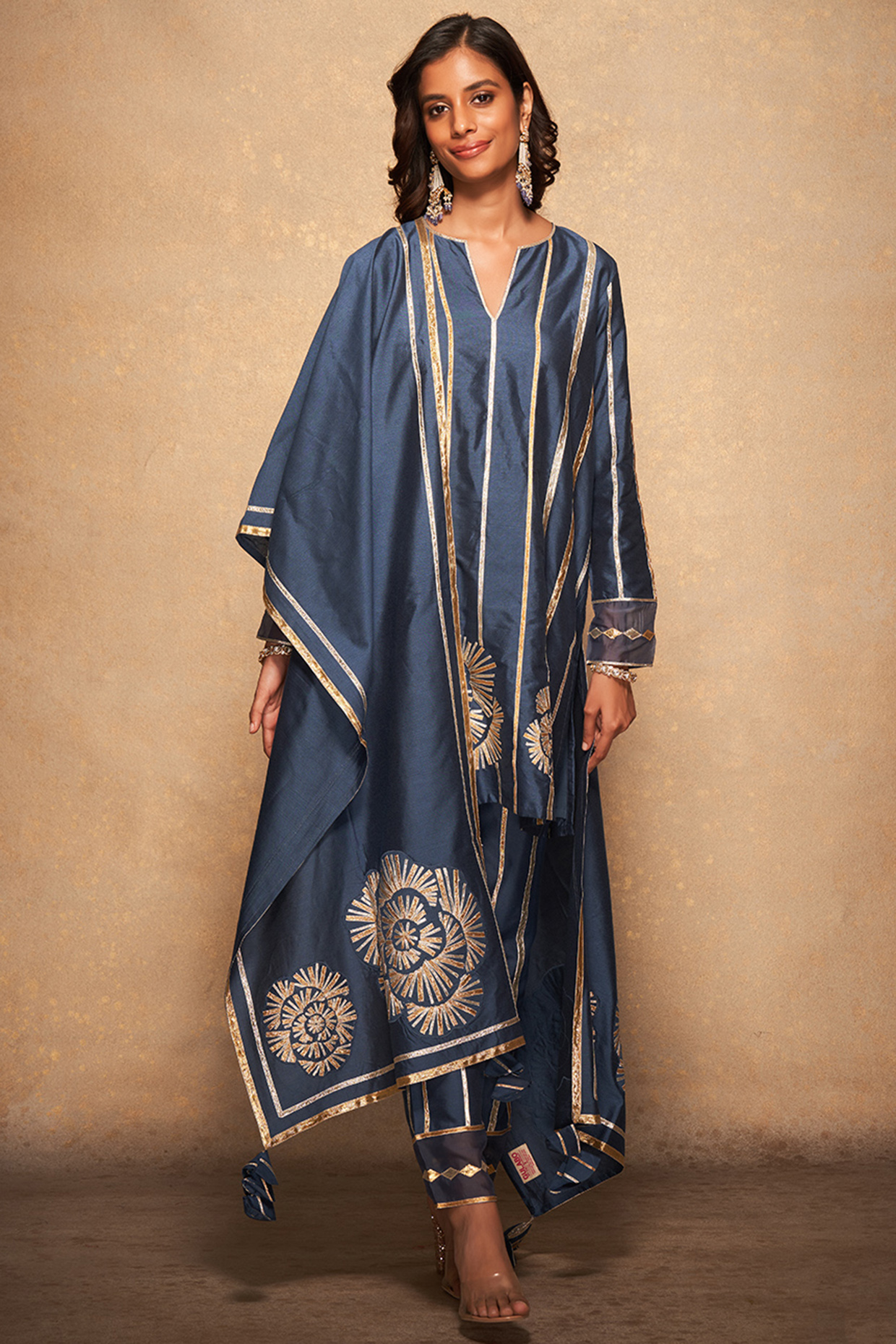 Blue Pure Chanderi Silk Embroidered Stole by Gulabo By Abu Sandeep