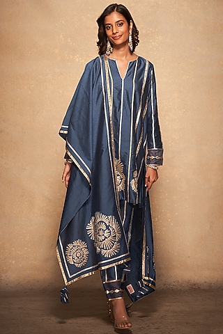 Blue Pure Chanderi Silk Embroidered Stole by Gulabo By Abu Sandeep