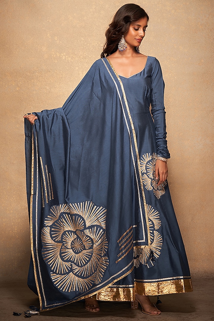 Blue Pure Chanderi Silk Gota Embroidered Dupatta by Gulabo By Abu Sandeep