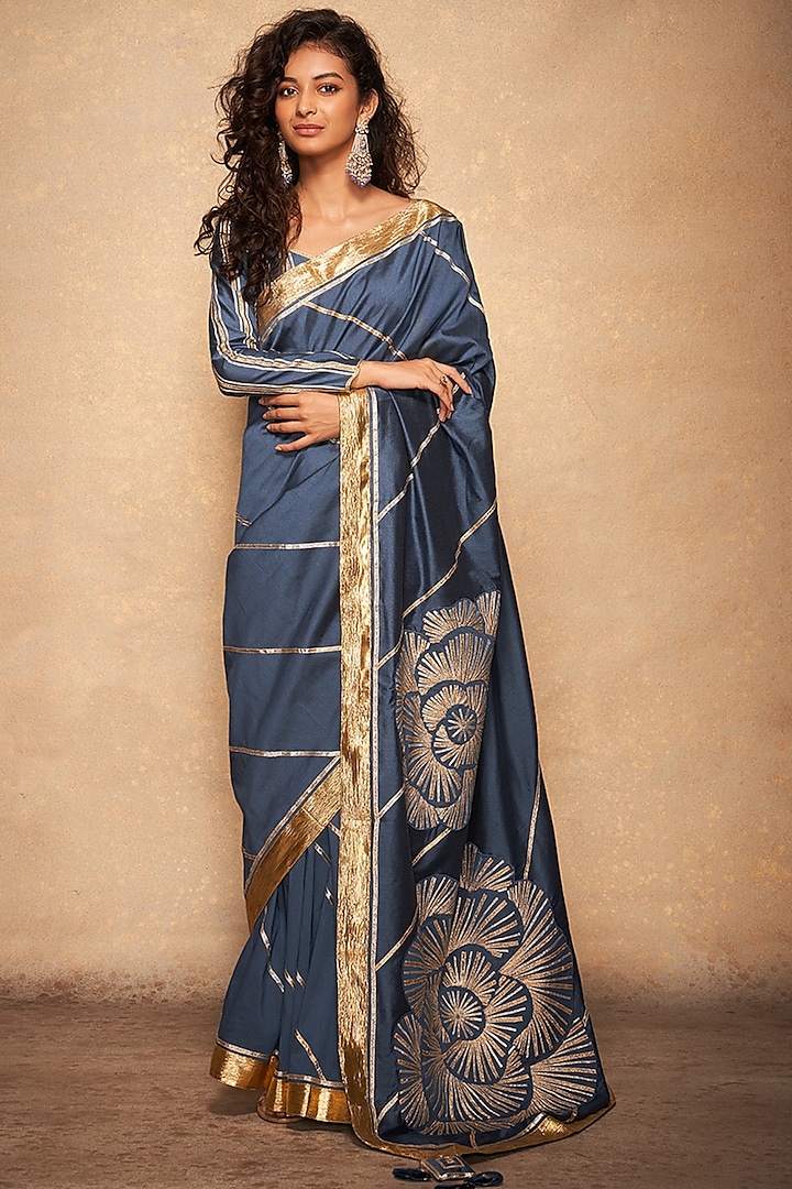 Blue Pure Chanderi Silk Embroidered Saree Set by Gulabo By Abu Sandeep