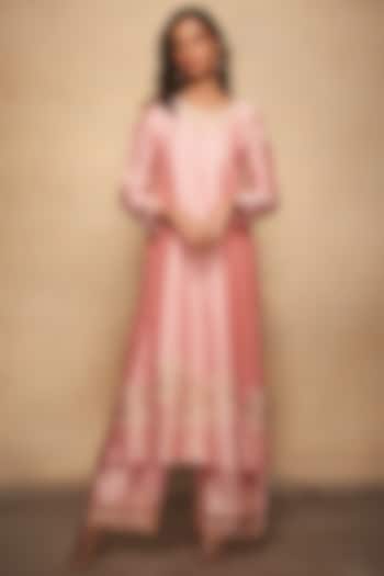 Pink Pure Chanderi Silk Embroidered A-Line Kurta by Gulabo By Abu Sandeep at Pernia's Pop Up Shop